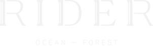 The image contains the text "RIDER" with "OCEAN – FOREST" underneath it, all in white capital letters on a black background.